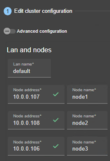 Image de la console web SafeKit
Éditer la configuration du cluster en utilisant l'assistant de configuration du cluster. Définir 1 LAN et les adresses IP de 3 nœuds sur ce réseau