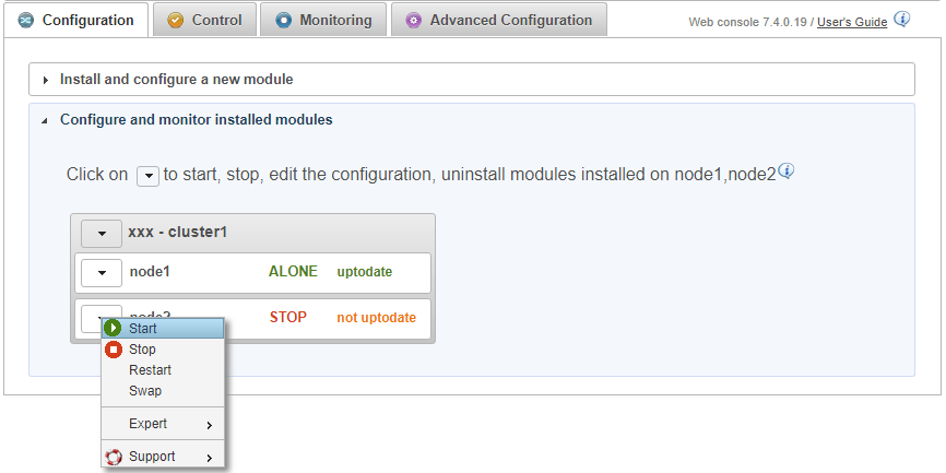 SafeKit web console - the first Nedap AEOS and SQL node starts as primary and is alone
