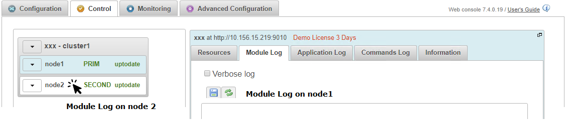SafeKit web console - Module Log of the PRIM Windows server