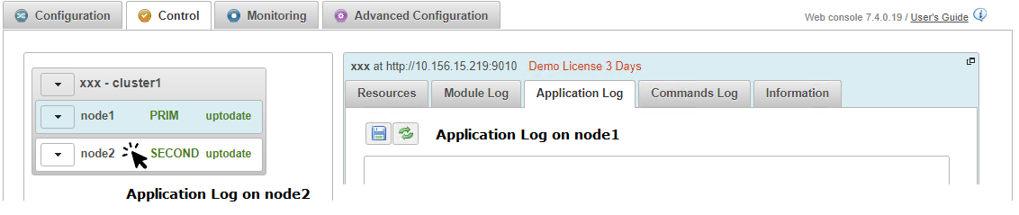 SafeKit web console - Application Log of the PRIM Docker server