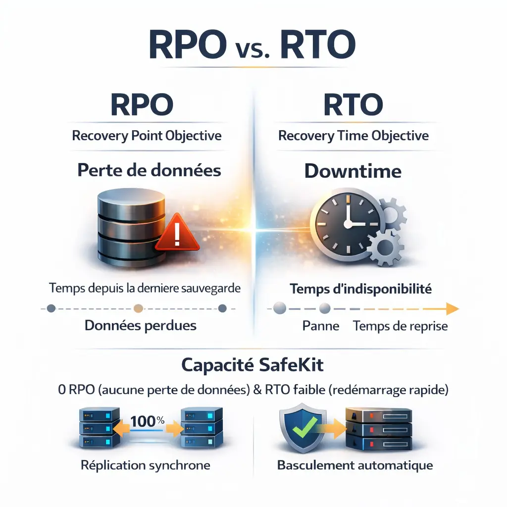 Un graphique comparatif du RPO (perte de données maximale admissible) et du RTO (durée maximale d'indisponibilité), illustrant comment SafeKit garantit une perte de données nulle et un redémarrage rapide des applications.
