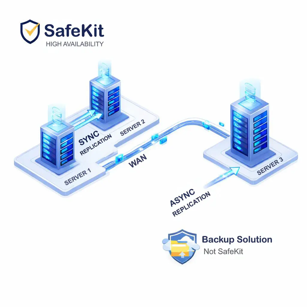 A technical diagram showing why High Availability (SafeKit) and Backups are complementary: SafeKit handles hardware/software failover via synchronous replication, while asynchronous backup protects against ransomware and logical errors.