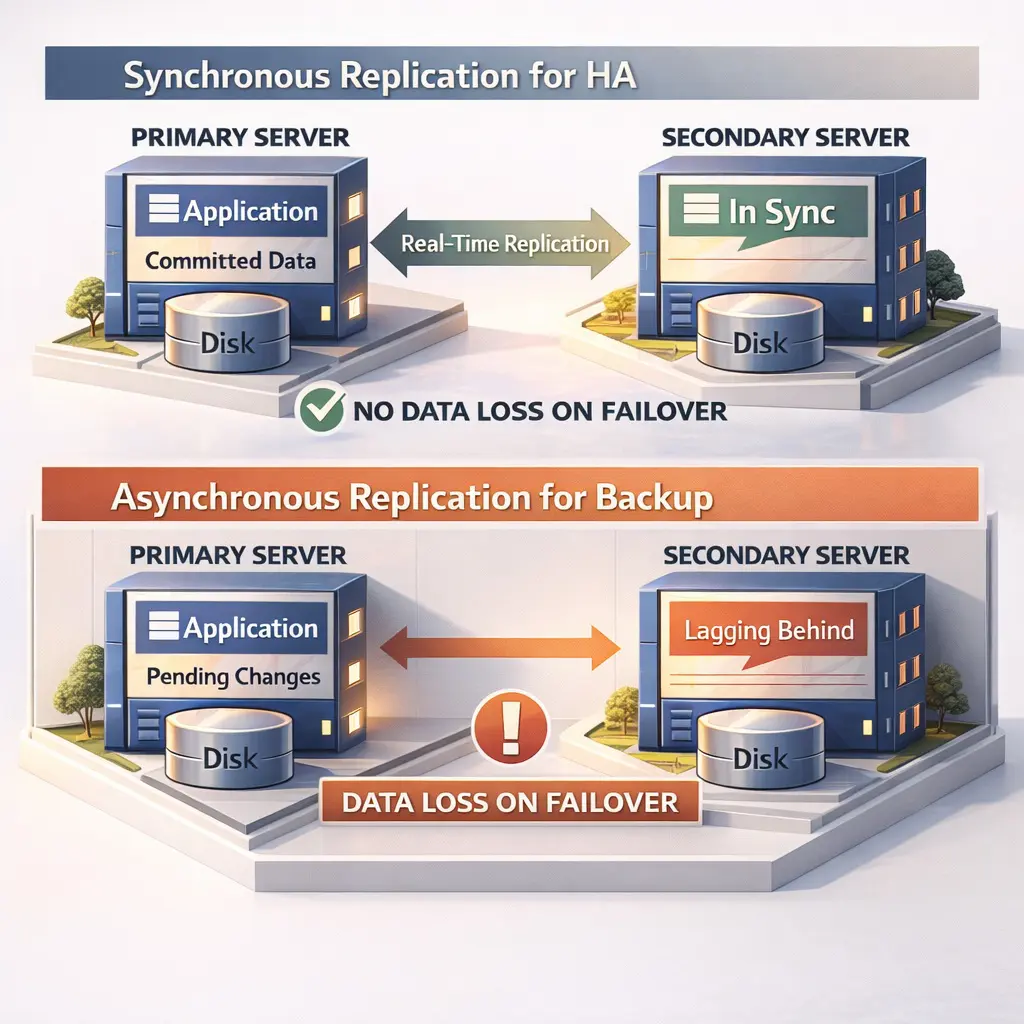 Comparison of synchronous and asynchronous replication impact on data loss during application failover. Comparison diagram of synchronous vs asynchronous replication showing data loss risk during failover