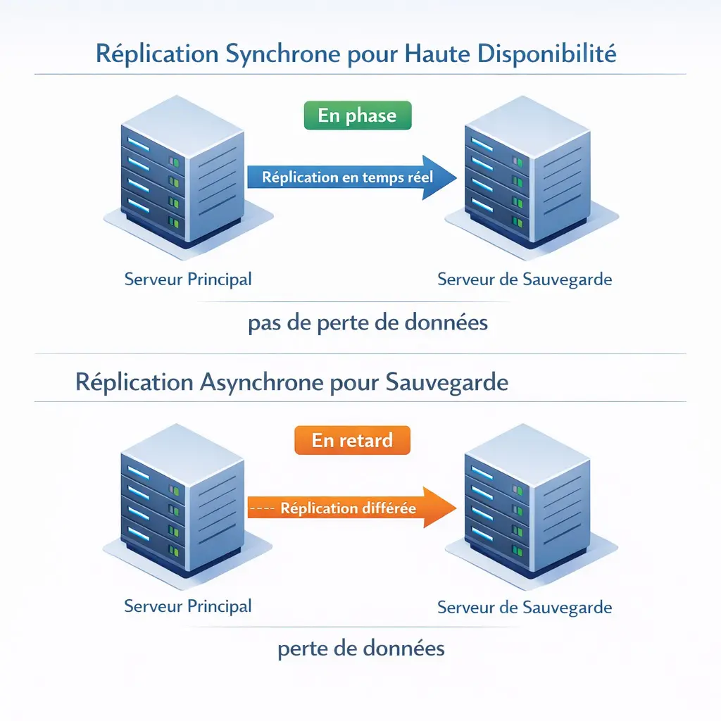 Schéma comparatif de la réplication synchrone vs asynchrone montrant le risque de perte de données lors du basculement