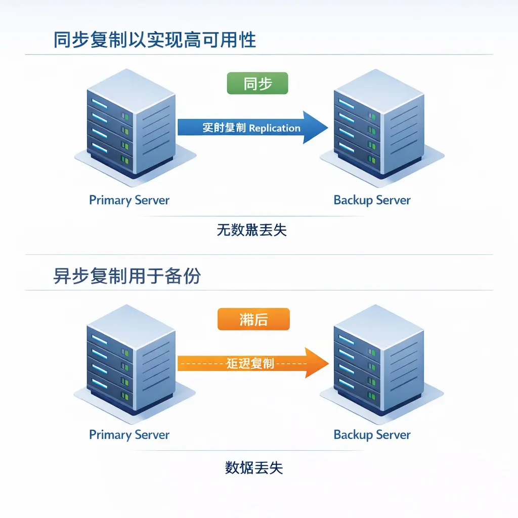 同步与异步复制对应用故障转移时数据丢失影响的对比。 同步与异步复制对比图,展示了故障转移期间的数据丢失风险