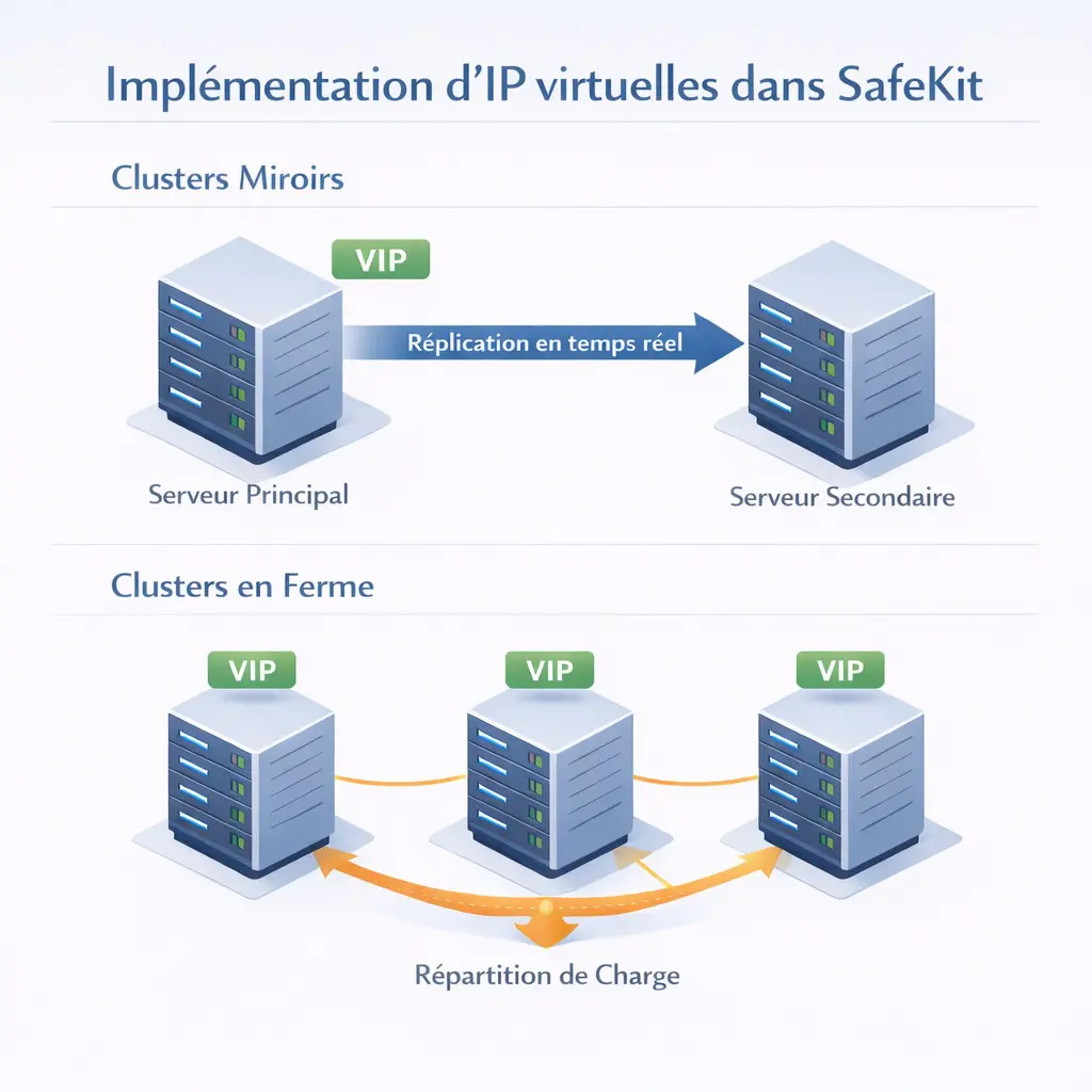 Schéma comparatif du comportement de l'IP virtuelle (VIP) dans Evidian SafeKit : Clusters Mirror avec IP flottante sur le nœud actif vs Clusters Farm avec répartition de charge réseau sur tous les nœuds.