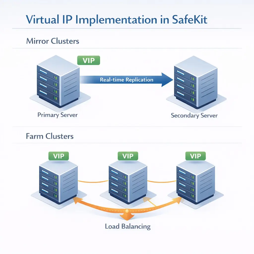 Comparison diagram of Virtual IP (VIP) behavior in Evidian SafeKit: Mirror Clusters showing a floating IP on the active node vs. Farm Clusters showing network load balancing across all nodes.