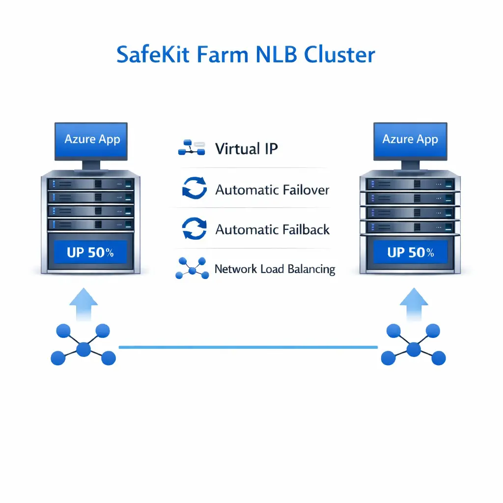 SafeKit Farm NLB Cluster for Azure SafeKit High Availability Azure Cluster Architecture providing Virtual IP, Automatic Failover, Automatic Failback, and Network Load Balancing