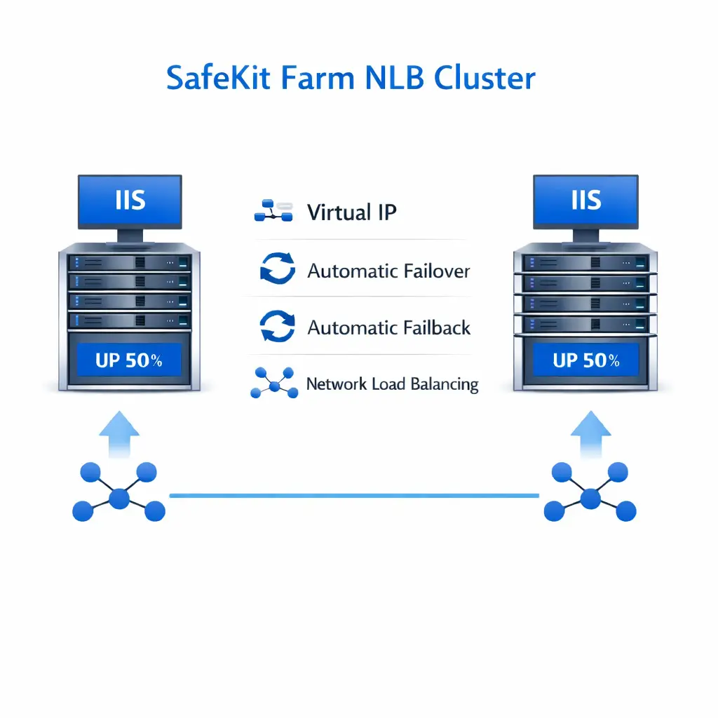 SafeKit Farm NLB Cluster for IIS SafeKit High Availability IIS Cluster Architecture providing Virtual IP, Automatic Failover, Automatic Failback, and Network Load Balancing