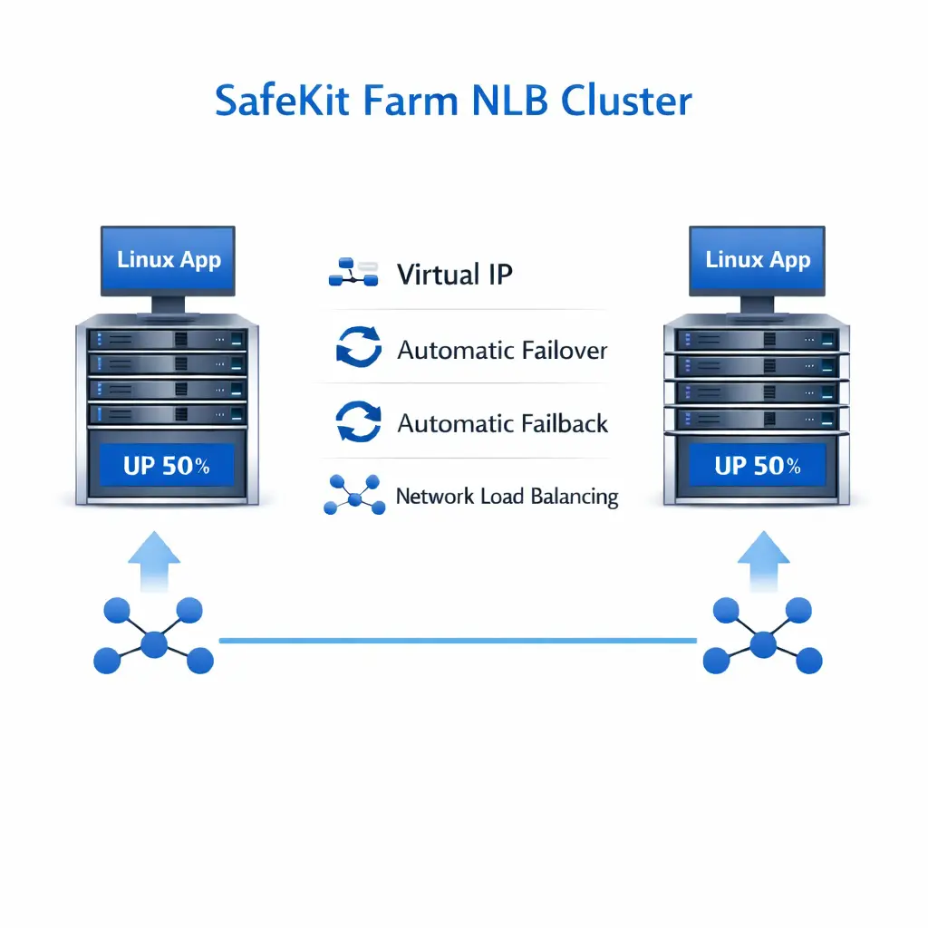 SafeKit Farm NLB Cluster for Linux SafeKit High Availability Linux Cluster Architecture providing Virtual IP, Automatic Failover, Automatic Failback, and Network Load Balancing