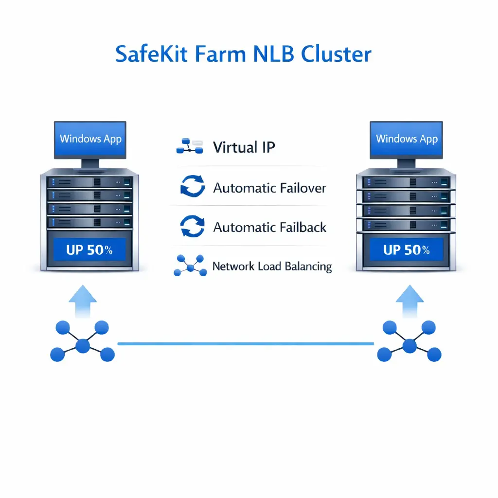 SafeKit Farm NLB Cluster for Windows SafeKit High Availability Windows Cluster Architecture providing Virtual IP, Automatic Failover, Automatic Failback, and Network Load Balancing