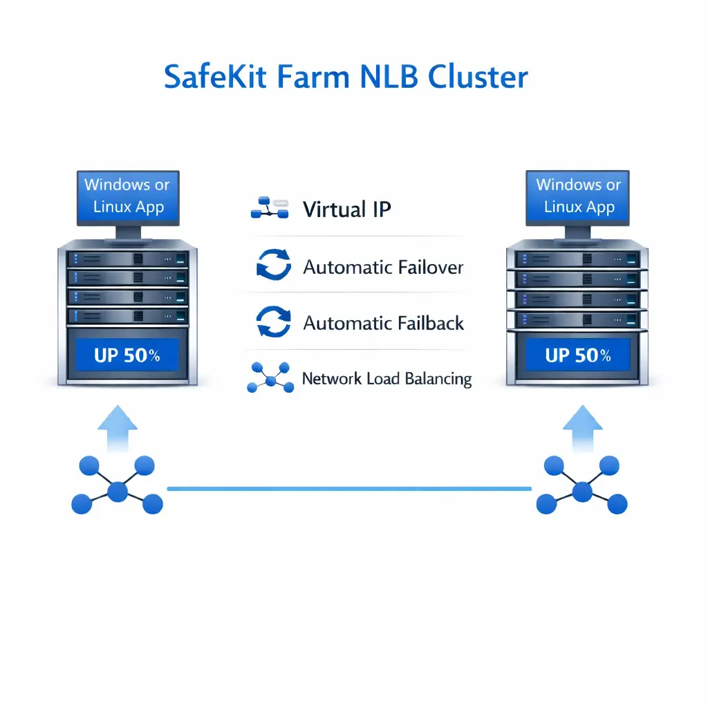 SafeKit Farm NLB Cluster for Windows/Linux SafeKit High Availability Windows/Linux Cluster Architecture providing Virtual IP, Automatic Failover, Automatic Failback, and Network Load Balancing