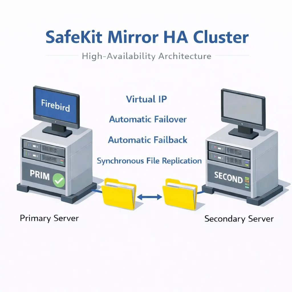 SafeKit HA Mirror Cluster for Firebird SafeKit High Availability Firebird Cluster Architecture providing Virtual IP, Automatic Failover, Automatic Failback, and Real-time replication
