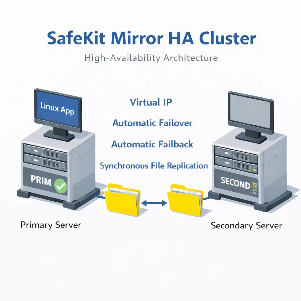 SafeKit HA Mirror Cluster for Linux SafeKit High Availability Linux Cluster Architecture providing Virtual IP, Automatic Failover, Automatic Failback, and Real-time replication