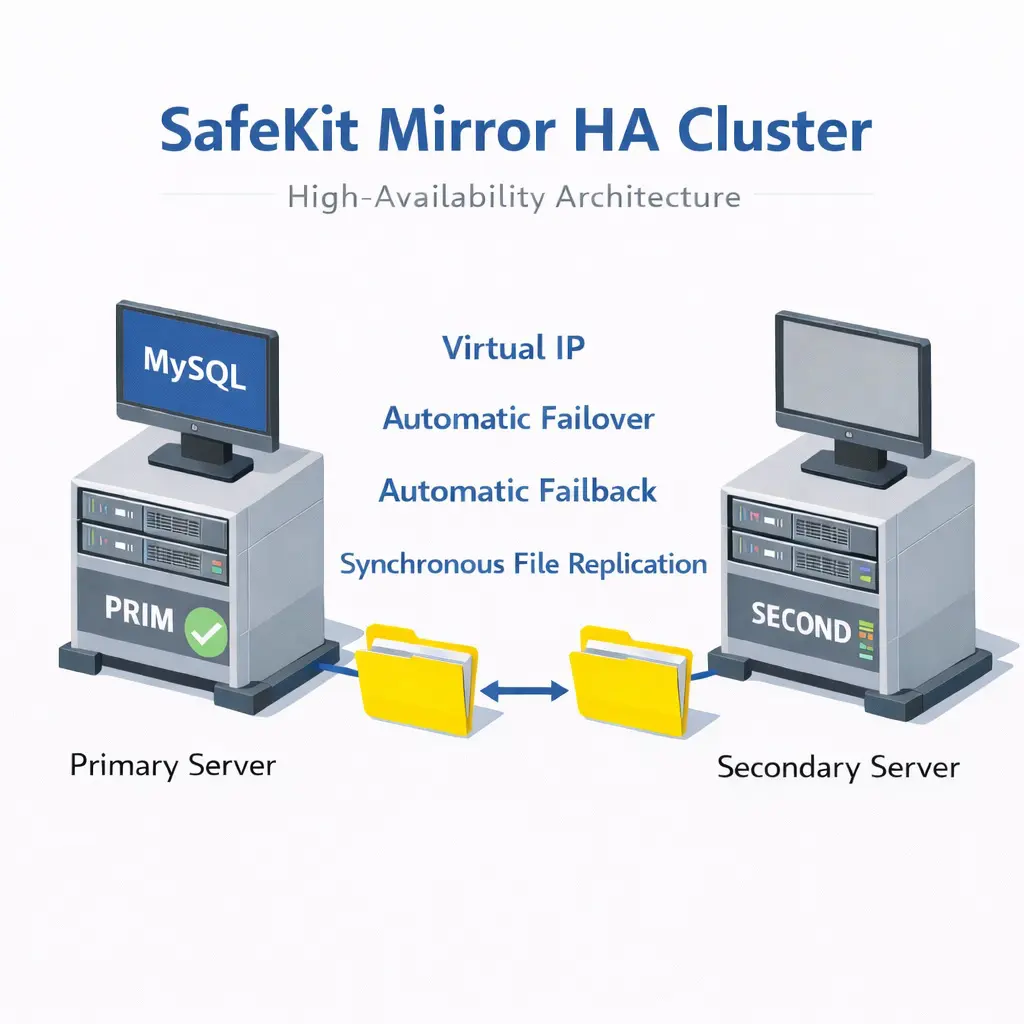 SafeKit HA Mirror Cluster for MySQL SafeKit High Availability MySQL Cluster Architecture providing Virtual IP, Automatic Failover, Automatic Failback, and Real-time replication
