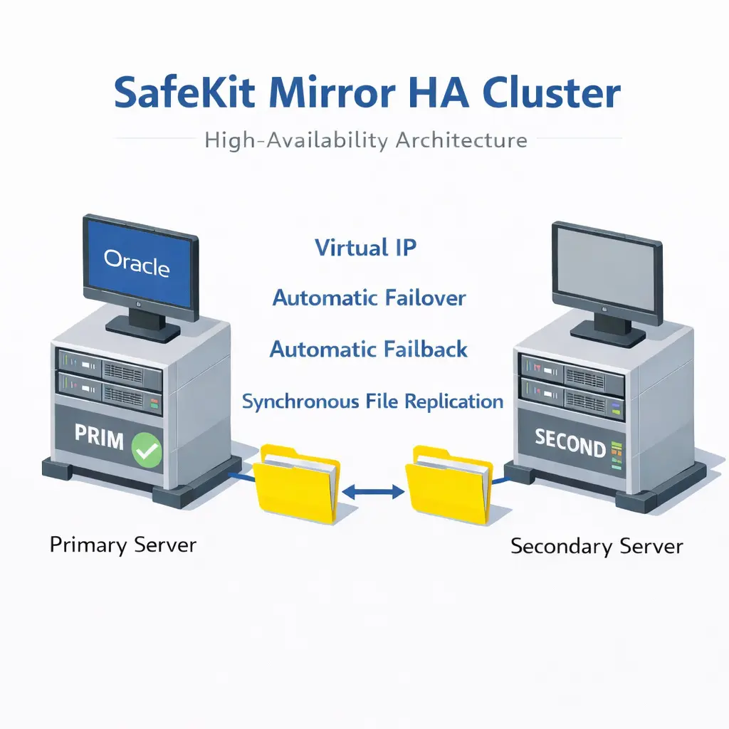 SafeKit HA Mirror Cluster for Oracle SafeKit High Availability Oracle Cluster Architecture providing Virtual IP, Automatic Failover, Automatic Failback, and Real-time replication