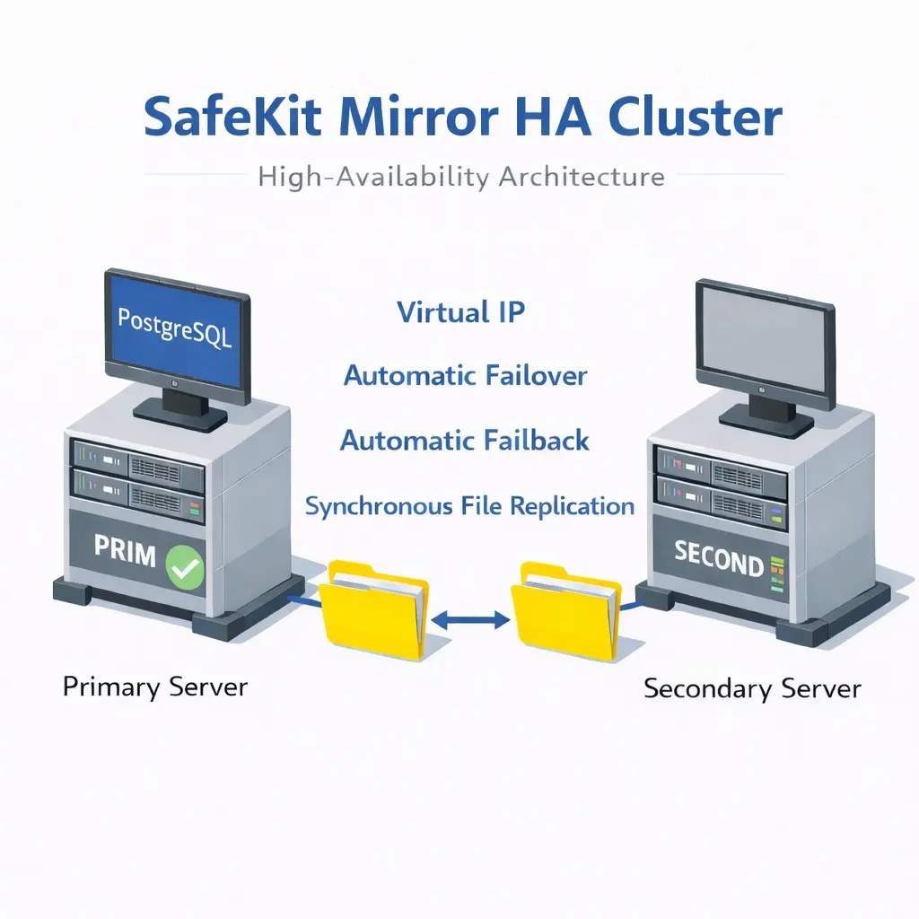 SafeKit HA Mirror Cluster for PostgreSQL SafeKit High Availability PostgreSQL Cluster Architecture providing Virtual IP, Automatic Failover, Automatic Failback, and Real-time replication