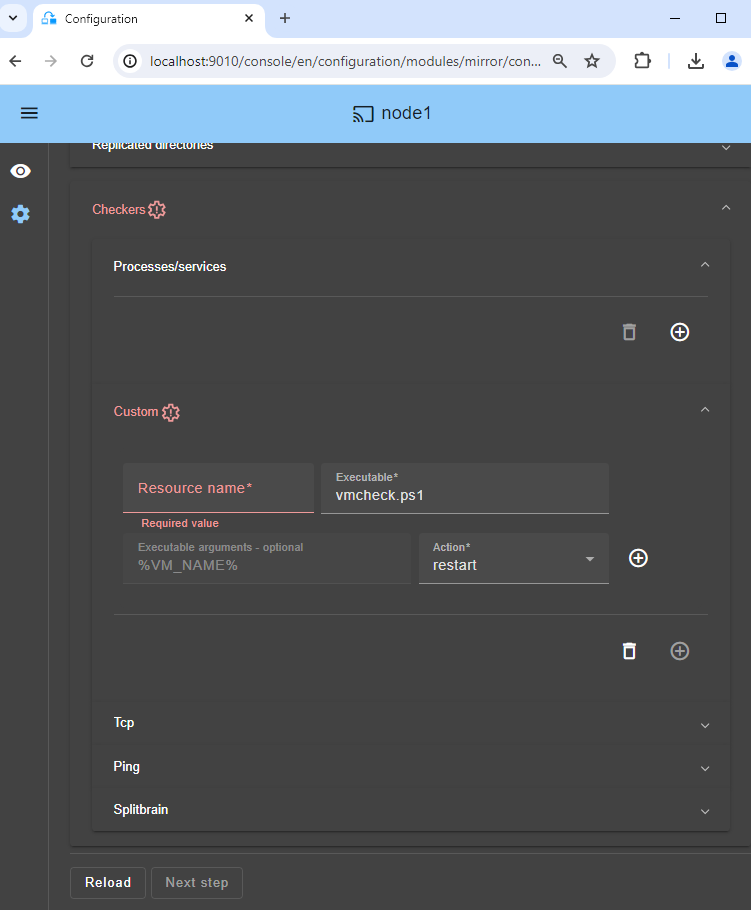 Enter the Hyper-V custom checker parameters